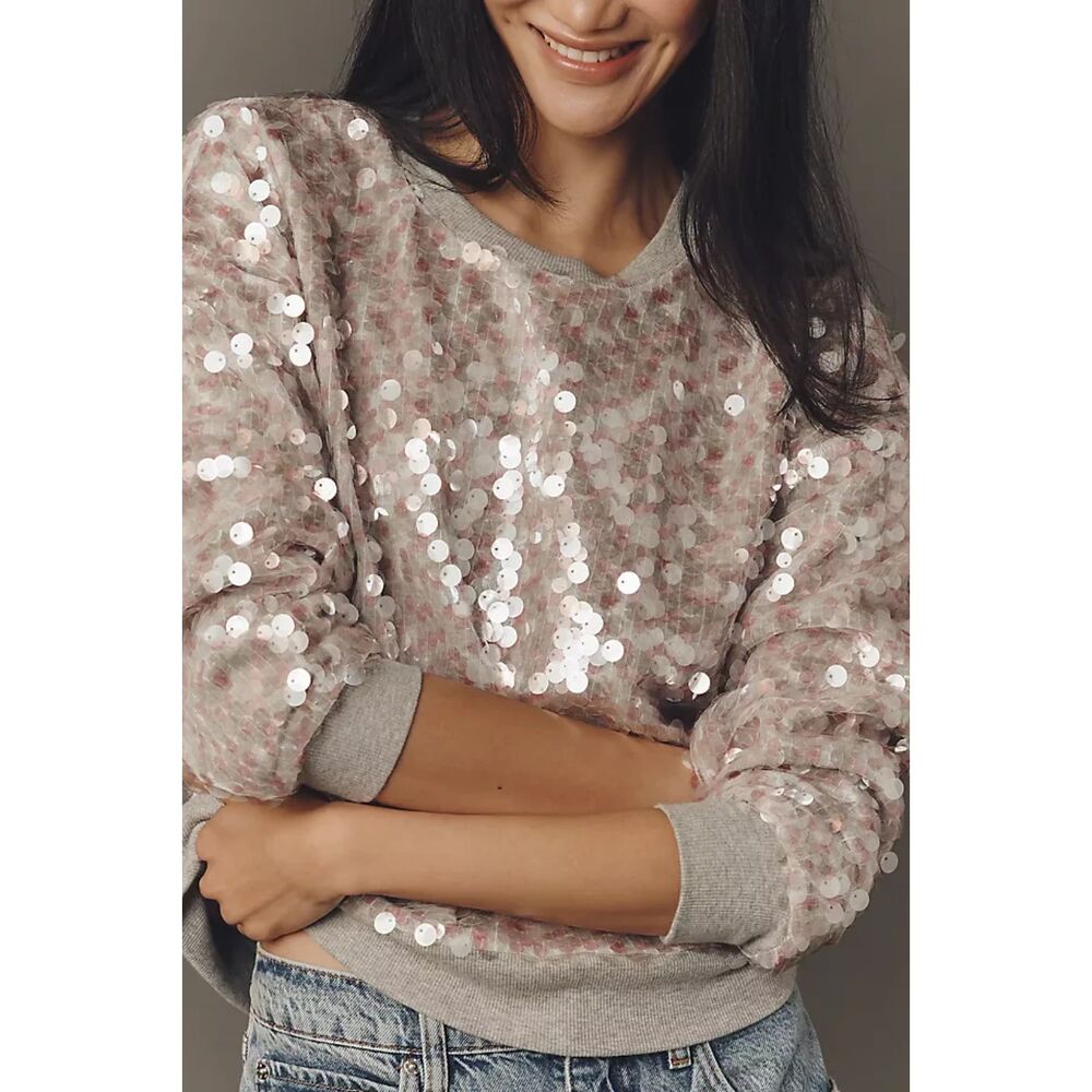 Pink and Gray Sequined Anthropologie Maeve Long Sleeve Pullover Sweatshirt (NWT)
